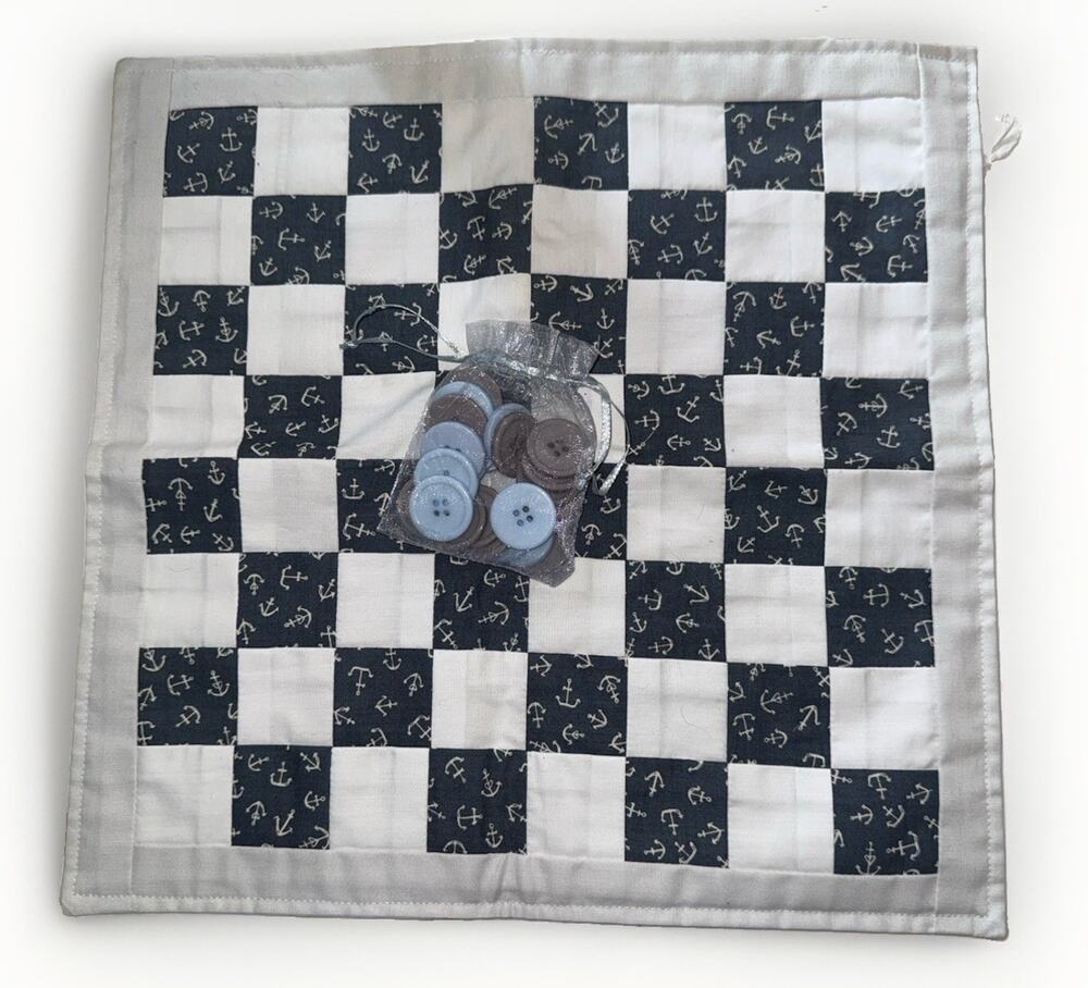 Quilt Fabric Cloth Checkers Game Nautical With Button Game Pieces Travel Set 13”